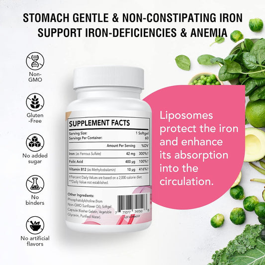 Liposomal Iron Supplement 42 mg (as Ferrous Sulfate) with Folic Acid a60 Grams