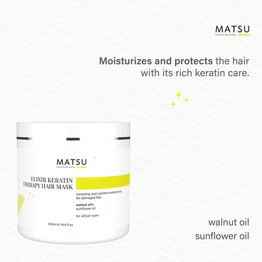 Matsu Elixir Keratin Therapy Hair Mask with Walnut and Sunower Oil. Nourishing Conditioner for Damaged Hair. Repairs and Conditions. Adds Shine and Brightness
