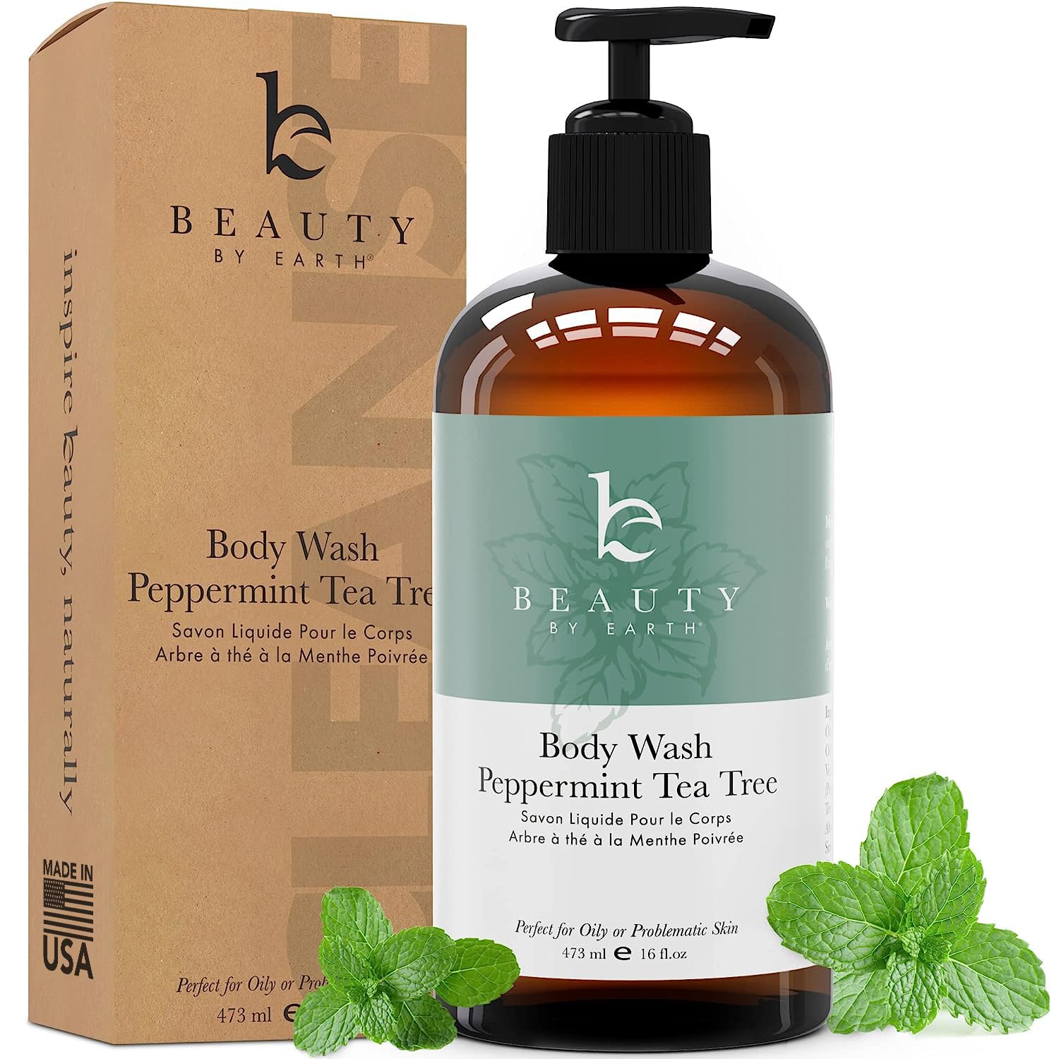 Beauty by Earth Peppermint Tea Tree Body Wash – Made with Organic Ingredients, Shower Gel for Men & Women, Tea Tree Soap for Oily or Problematic Skin, Helps Soothe Skin Blemishes