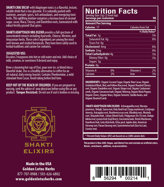 Golden Lotus Herbs Chai Tea (Shakti Chai Decaf with Adaptogens & Raw Cacao)