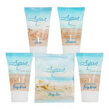 Aqua Organics Hotel Soaps and Toiletries Bulk Set | 1-Shoppe All-In-Kit Amenities for Hotels & Airbnb | 1 Hotel Shampoo & Conditioner, Body Wash, Body Lotion & 1 Bar Soap Travel Size | 150 Pieces