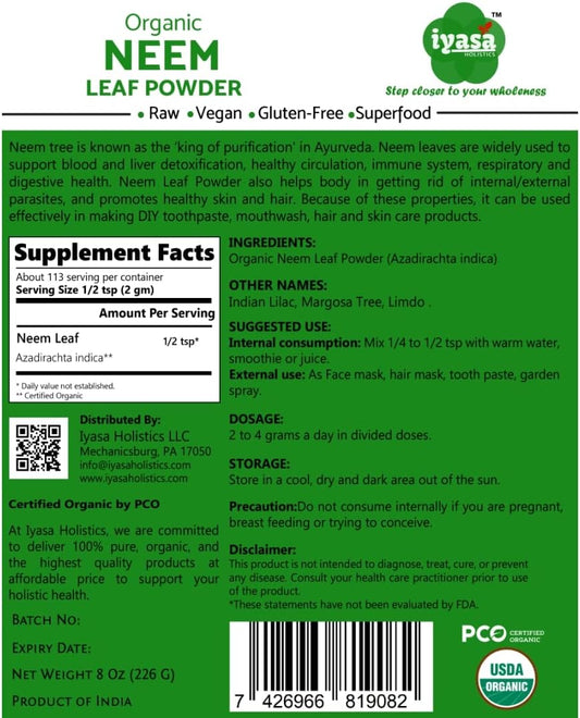 Iyasa Holistics Organic Neem Powder, USDA Certified Ayurveda herb, Supports Blood and Liver Purification, Promotes Healt