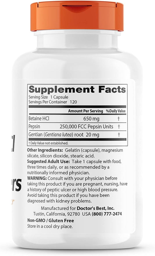 Doctor's Best Betaine HCI Pepsin & Gentian Bitters, Digestive Enzymes 3.53 Ounces