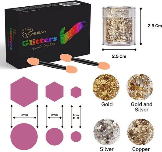 SAIFTRAD Glitter- 8 Jars Gold Silver Holographic Cosmetic Chunky Sequins Glitter Paillette for Body, Face, Eyes, Hair, Nail Art & DIY (Gold, Silver) - with Nail Brush Sponge