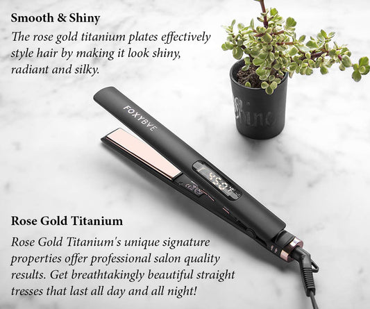 FoxyBae Rose Gold TRÉS Sleek Titanium at Iron - Digital Temperature Control Ionic Hair Straightener with Auto Shut Off and Quick Heating