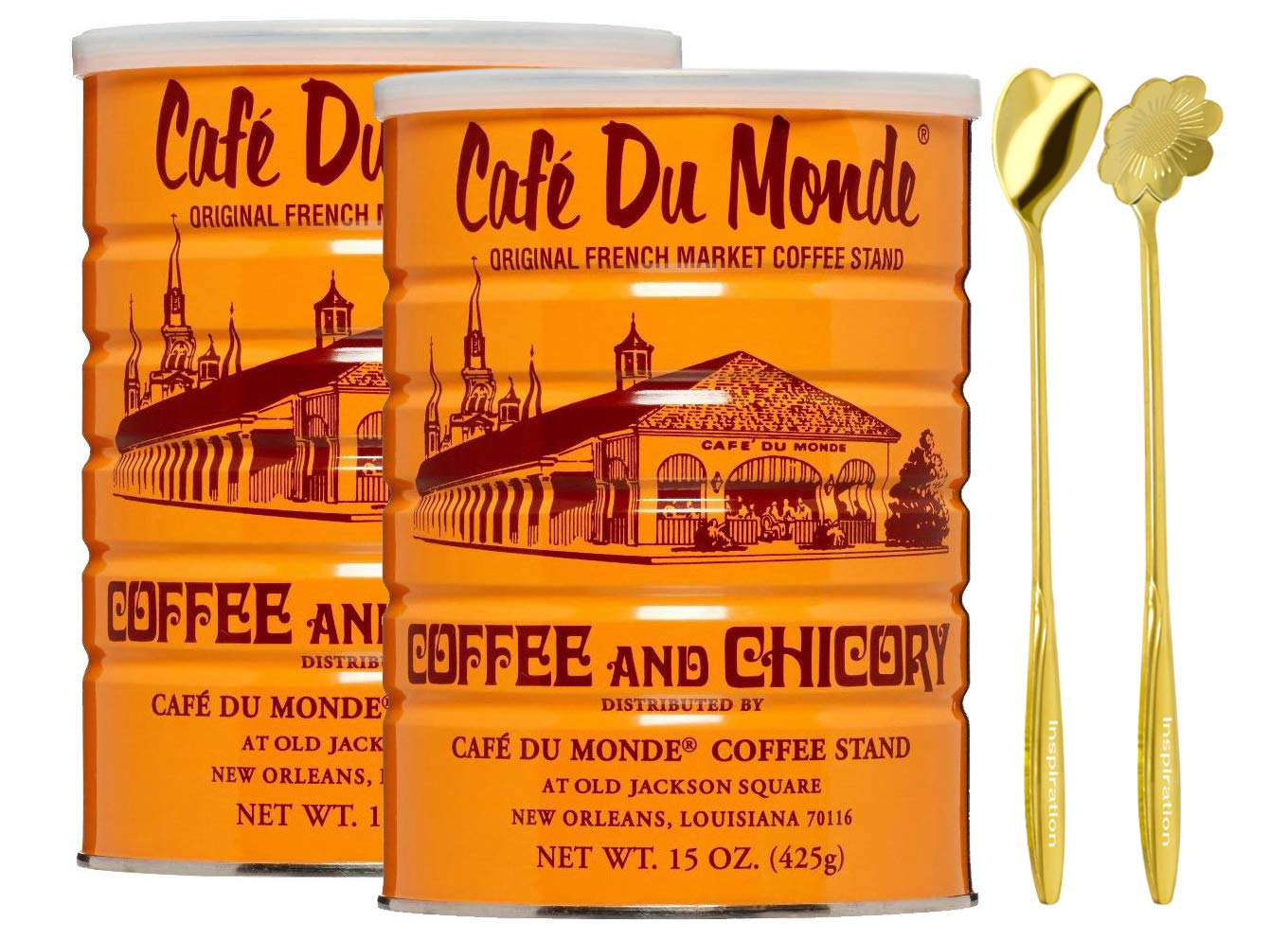 Cafe Du Monde Ground Original French Chicory Chocolate-like Coffee SET 2 PACKS with 2 Inspirational Industry Stainless Steel Mixing Stirring Spoon | Coffee Stirrers