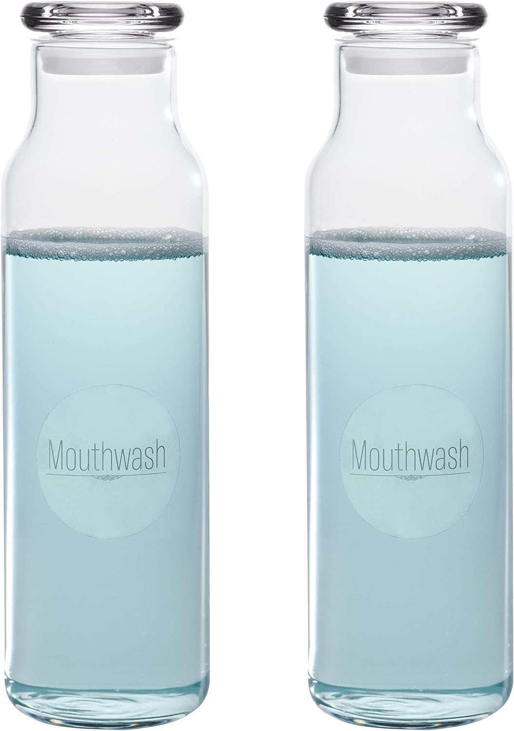 2 Mouthwash Bottles Glass Dispenser Containers with Mouth Wash Labels 24
