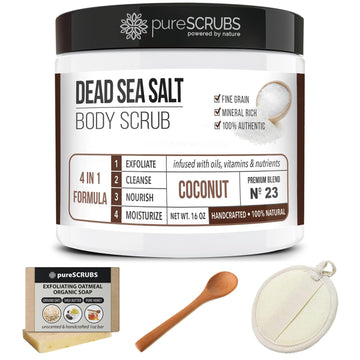 pureSCRUBS Premium Organic Body Scrub Set - INCLUDES spoon, loofah & soap - Large 16 COCONUT BODY SCRUB Dead Sea Salt Infused Organic Essential Oils & Nutrients