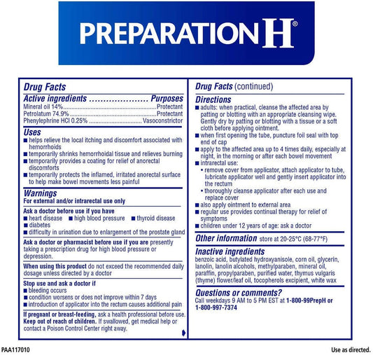 Preparation H Hemorrhoidal Ointment 2 Ounce Tube