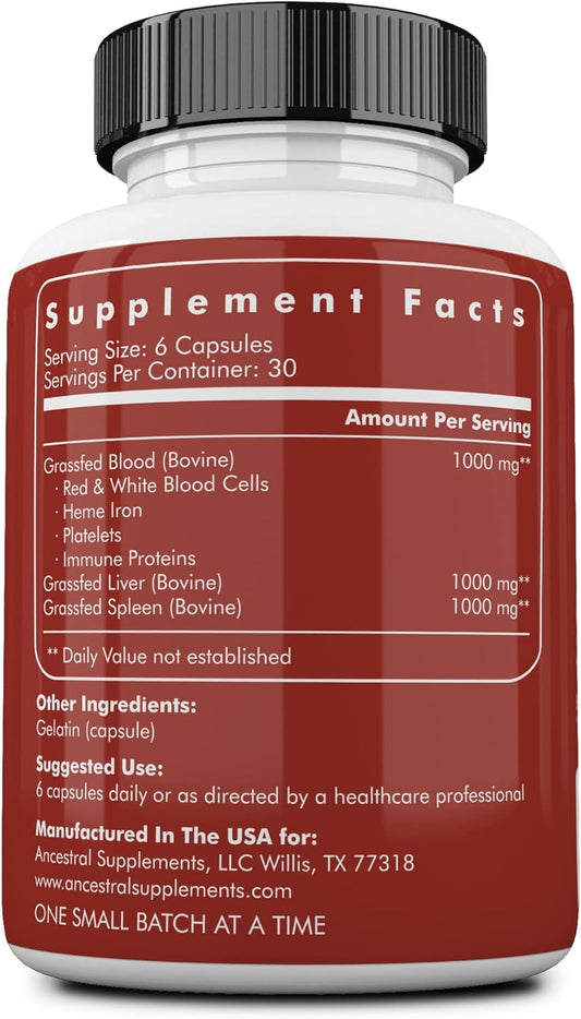 Ancestral Supplements Grass Fed Blood Is Blood, Liver & Spleen Formula, 500Mg, Grass Fed Beef Supplement, Red & White Blood Cell Formation, Immune And Heart Health Support, Non Gmo, 180 Capsules