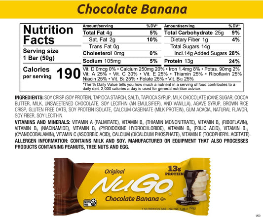 NuGo Protein Bar, Chocolate Banana, 13g Protein, Gluten Free, 15 Count1.8 Pounds