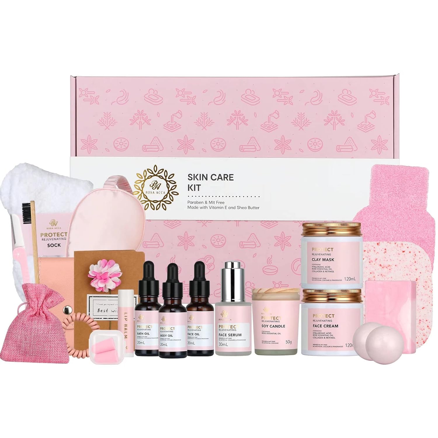 Facial Skin Care Set & Bath Spa Kit, Bath and Body At Home Spa Kit, Mothers Day Gifts Ideas, Self-care Relaxation Gift, Skin Care Collection plus essential oil, Hyaluronic Acid, Vitamin E.(Rose)