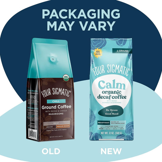 Organic Decaf Ground Coffee by Four Sigmatic | Swiss Water Decaf Coffee Ground | Decaffeinated Coffee with Chaga & Reishi Mushroom Extracts | Decaf Coffee for Immune Support & Stress Relief | Bag