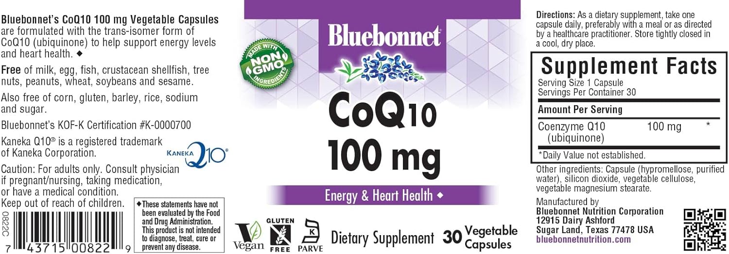 BlueBonnet CoQ-10 Vegetarian Capsules, 100 mg, 30 Count