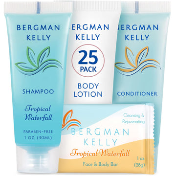 BERGMAN KELLY Hotel Toiletries Bundle (Tropical Waterfall, 1  each, 100 Pcs) 4-Piece Set: 25 Rectangular Bar Soap, 25 Shampoo, 25 Conditioner & 25 Body Lotion - Bulk Mini Guest Amenities Supply