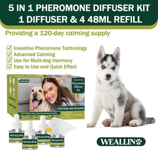 WEALLIN Dog Calming Diffuser Kit for Dog Anxiety Relief, 5-in-1 Dog Pheromone Diffuser Kit with 1 Diffuser + 4 Refill 48