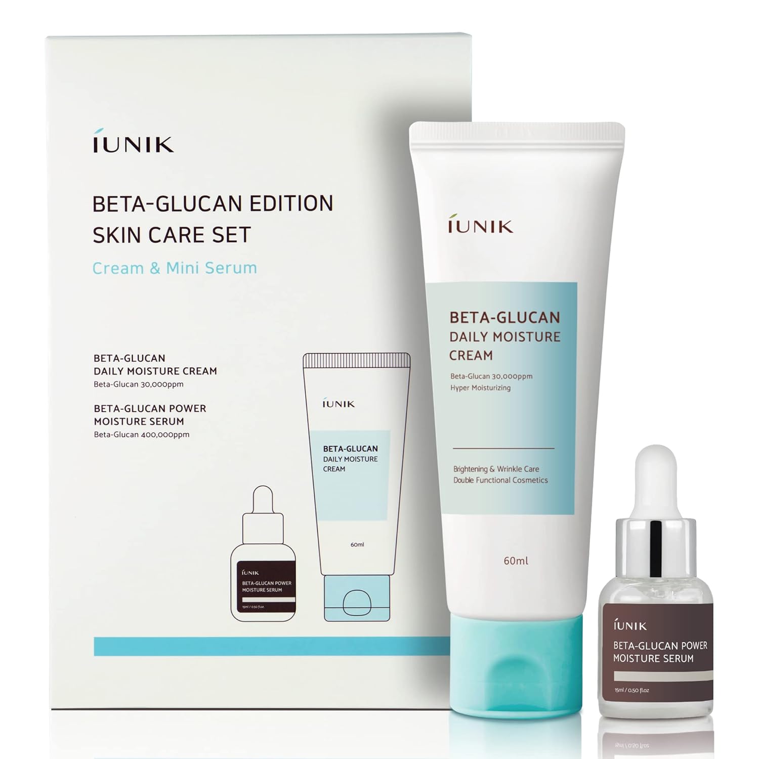 IUNIK Beta-Glucan Edition Skincare Set (Cream 2.02 .. & Mini Serum 0.51 ..) - Featuring the Powerful Beta-Glucan to Moisturize, Revitalize, and Reinforce the Skin with EWG-Green Ingredients