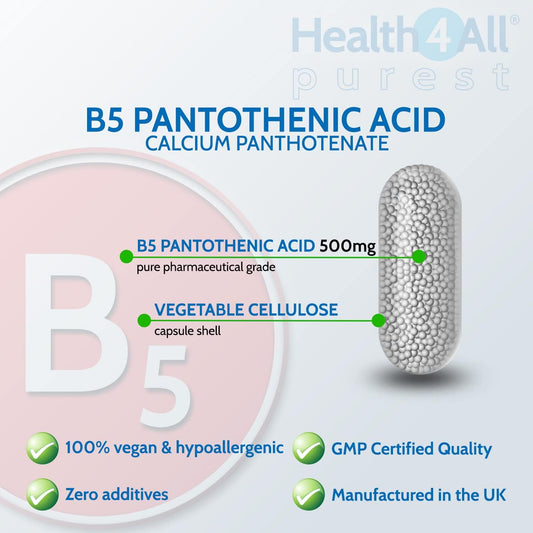 Vitamin B5 Pantothenic Acid 500mg 180 Capsules (V) (not Tablets) Pures130 Grams