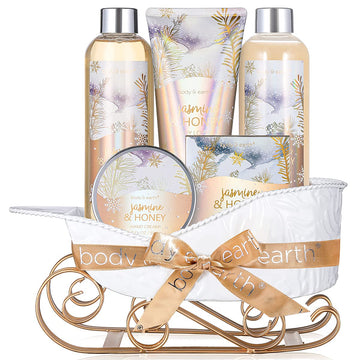 Gift Basket for Women - Body & Earth Bath Gift Set for Women with Jasmine & Honey Scent, Includes Bubble Bath, Shower Gel, Body Lotion and Hand Cream, Valentine Gifts for Her