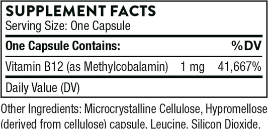 Thorne Vitamin B12 - as Methylcobalamin - Supports Heart and Nerve Health, Blood Cell Function, Healthy Sleep, and Methylation - Gluten-Free, Soy-Free, Dairy-Free - 60 Capsules