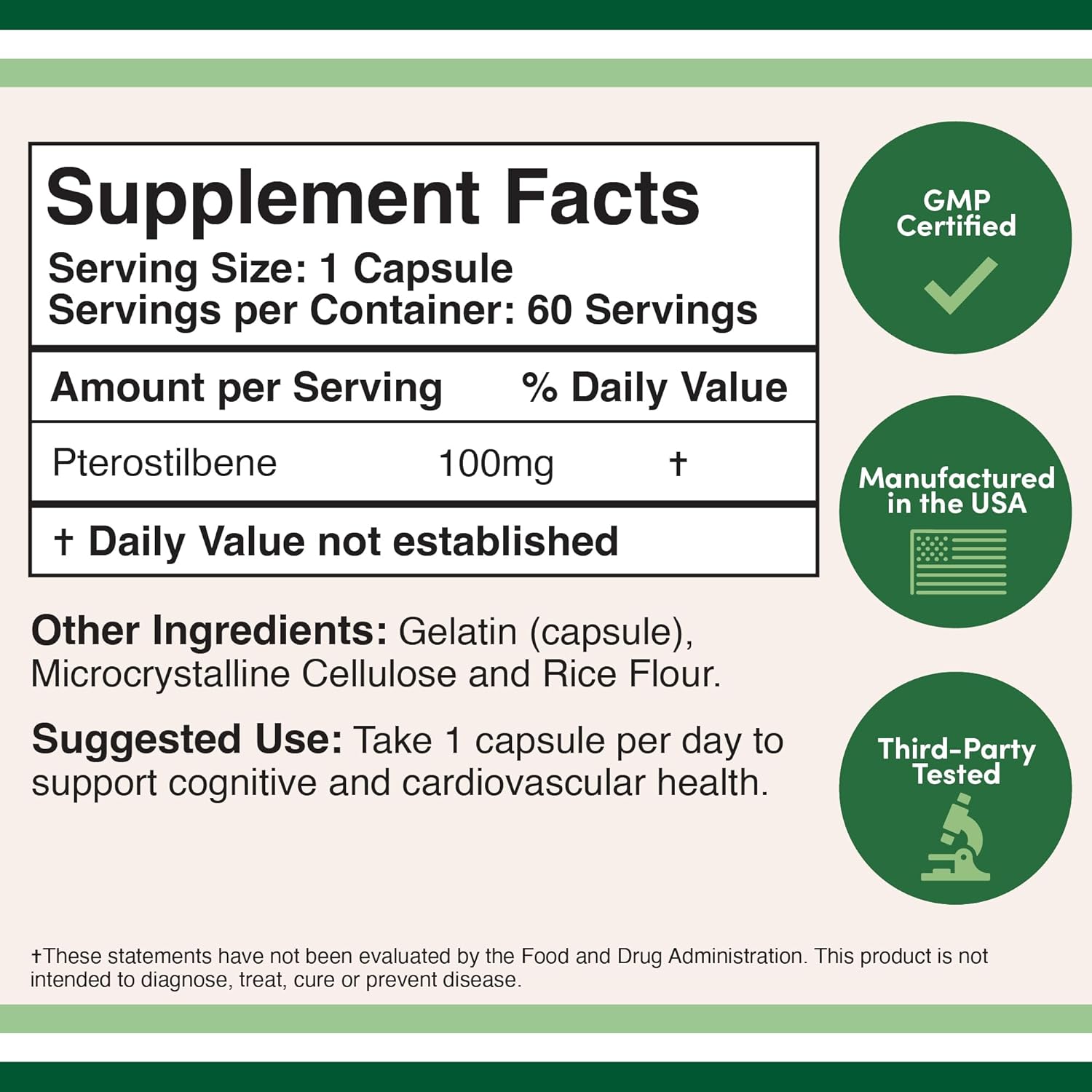 Pterostilbene Supplement 100mg Capsules (Third Party Tested)