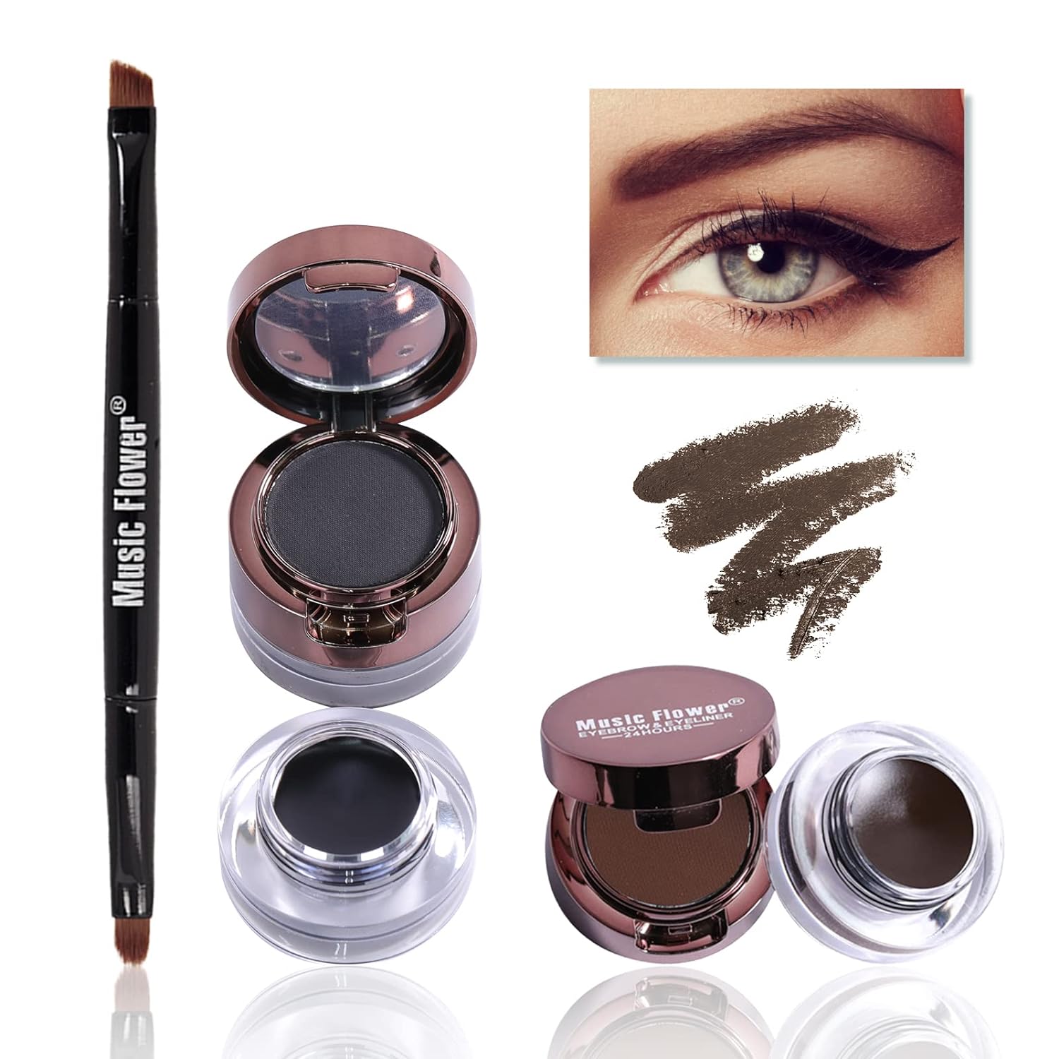 Music ower Gel Eyeliner Eyebrow Powder, Black and Brown Waterproof Smudgeproof Long Lasting Makeup Eyeliner Gel with Brush Mirror, 0.49 , Pack of 2