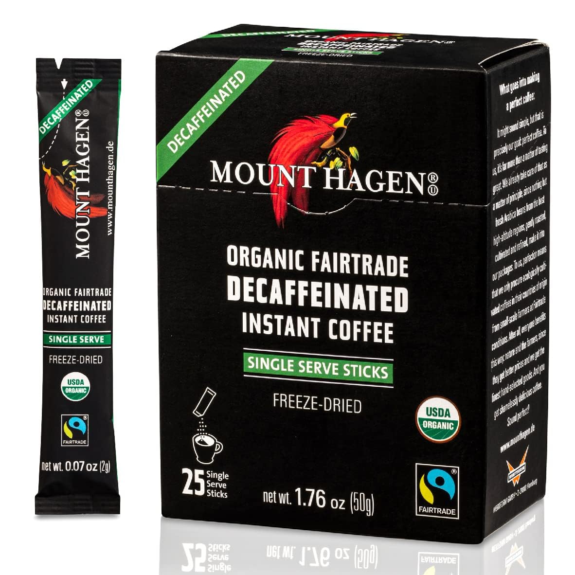 Mount Hagen 25 Count Single Serve Instant Decaf Coffee Packets | Eco-friendly Decaf Instant Coffee Pouches, Medium Roast Arabica Beans | Organic, Fair-Trade Decaffeinated Coffee