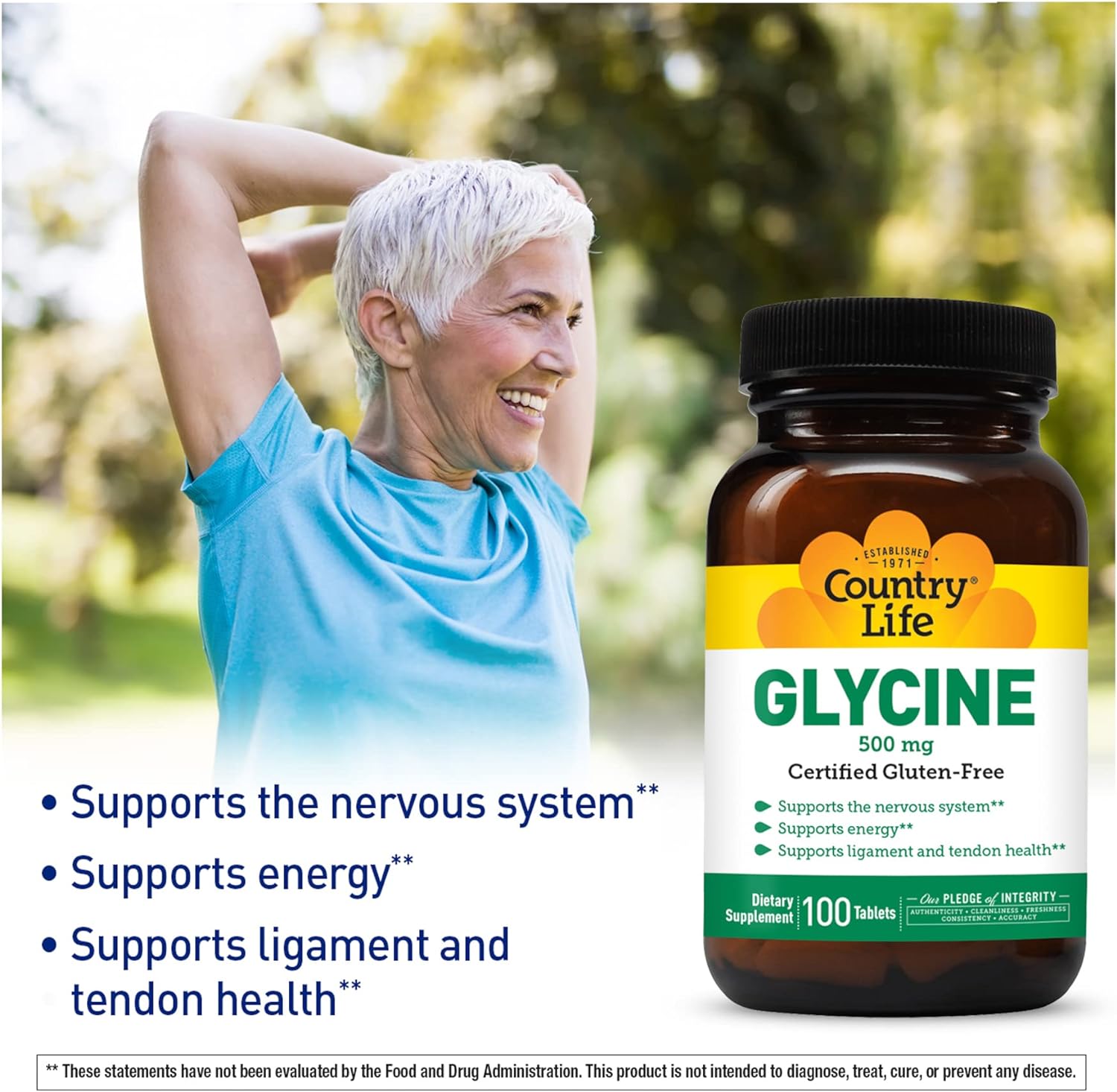 Country Life Glycine 500 mg, 100 Tablets, Certified Gluten Free, Certi