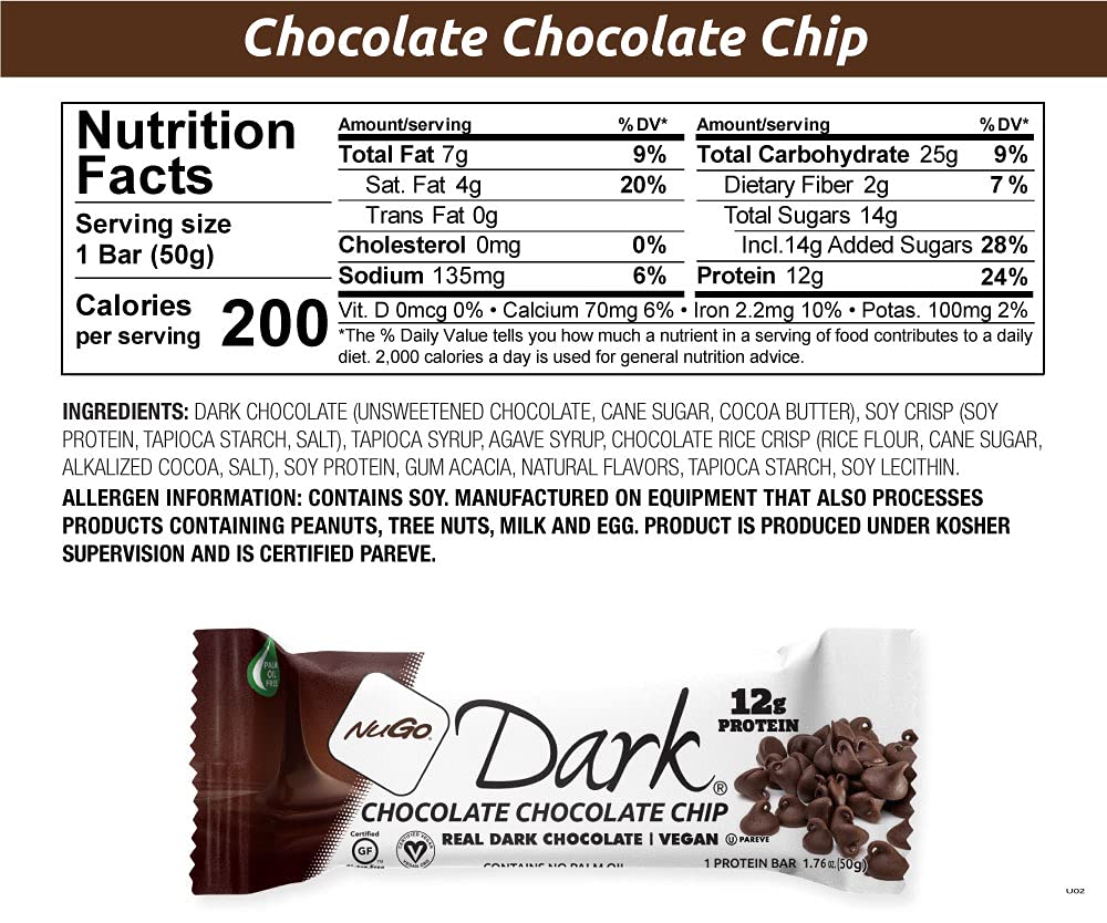 NuGo Dark Chocolate Chocolate Chip, 12g Vegan Protein, 200 Calorie, Gl