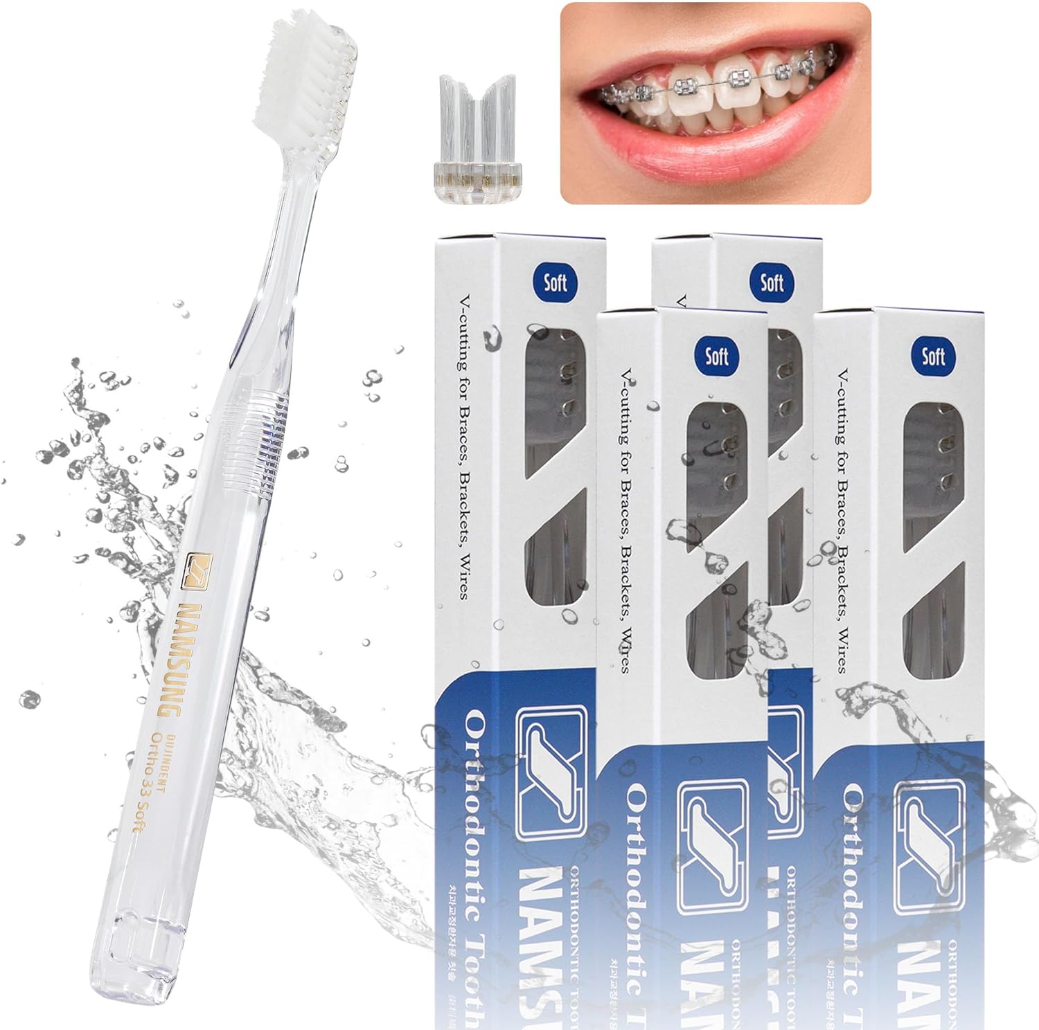 DUJINDENT Orthodontic Toothbrush for Braces [4 Packs] V Trim Cutting Dupont USA Bristles Braces Toothbrush for Brackets and Wires Cleaning (Ortho Standard 33 Soft, 4 Pack)