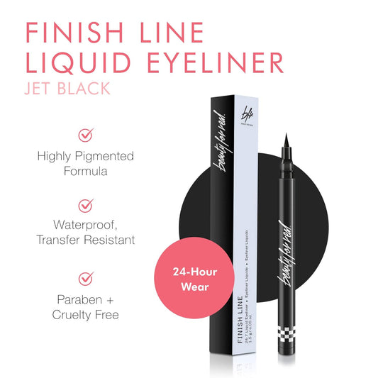 Beauty For Real Finish Line Liquid Eyeliner, Jet Black - 24-Hour Wear - Highly Pigmented, Transfer-Resistant, Waterproof Formula - Ultra-Precise Brush Tip - 0.05
