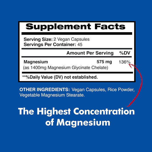 Magnesium Glycinate 575mg per Serving, Magnesium Glycinate Chelate, Magnesium Glycinate Capsules, Magnesium Supplement f