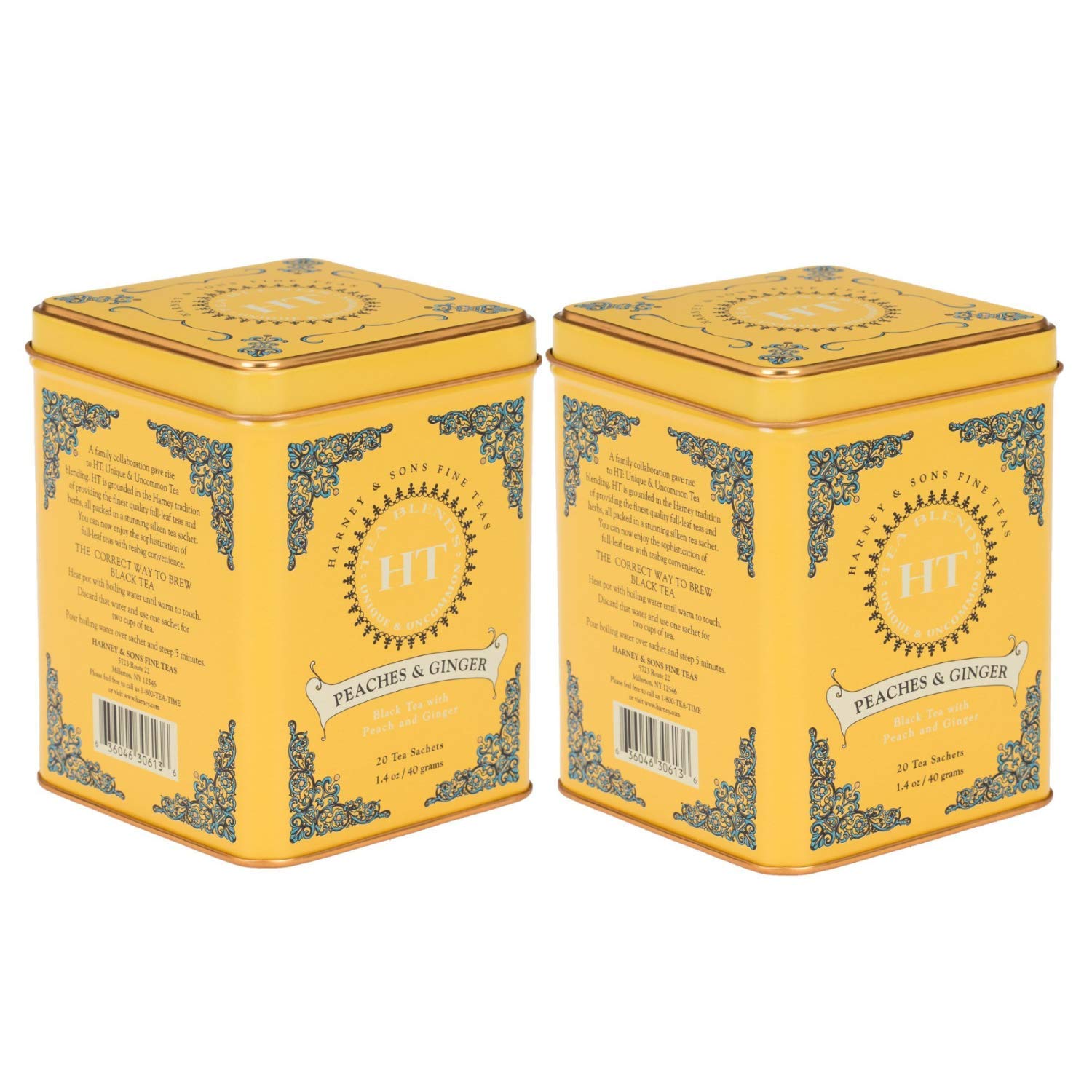 Harney & Son's Peaches & Ginger Black Tea Mothers Day Gift Set (2 Pack, 20 Sachets Ea.) - Black Tea Blend of Real Peaches & Ginger - Caffeinated, Sweet & Fruity Flavors - Each Tin