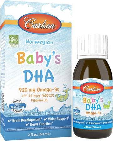 Carlson - Baby's DHA, Liq DHA Baby Supplement, 1100 mg Omega-3s + 400 IU Vitamin D3, Brain Development, Vision Support & Nerve Function, Omega-3 Liq for Babies, Baby Fish Oil, 60 mL
