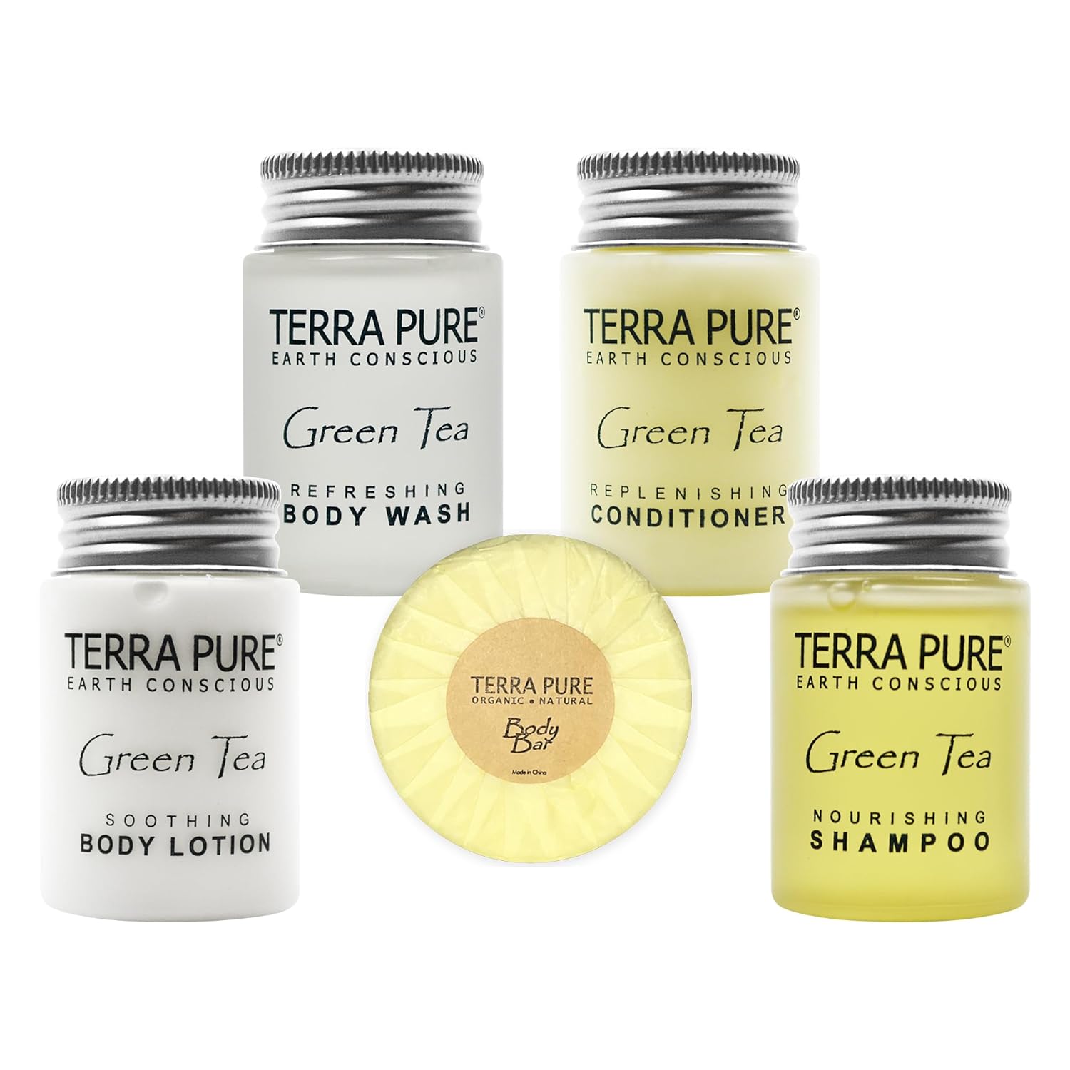 Terra Pure Hotel Soaps and Toiletries Bulk Set | 1-Shoppe All-In-Kit Amenities for Hotels | 1 Hotel Shampoo & Conditioner, Body Wash, Body Lotion & 1.25 Bar Soap Travel Size | 150 Pieces