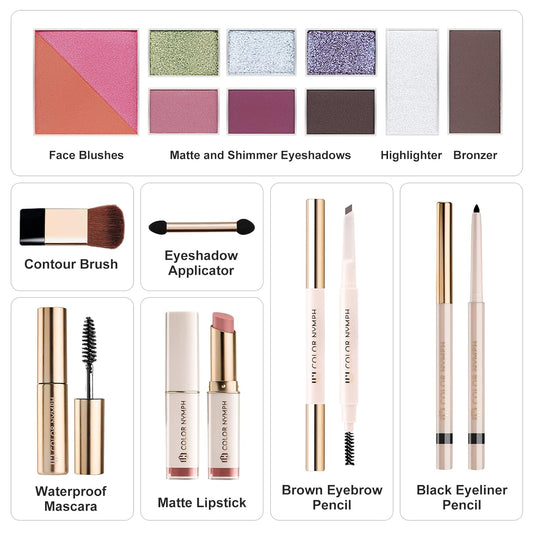 Color Nymph Beginner Makeup Kits For Teens With The Delicate Handbag Included Eyeshadow Palette Blushes Bronzer Highlighter Lipstick Brushes Mirror(Purple)