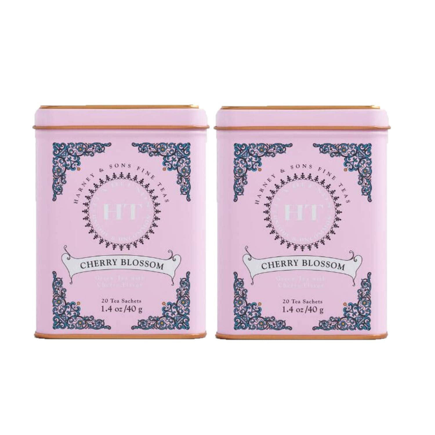 Harney & Son's Cherry Blossom Green Tea Tin 20 Sachets (Two Pack) - Green Tea Blend with Notes of Cherries - 2 Pack 20ct Sachet Tins (40 Sachets)