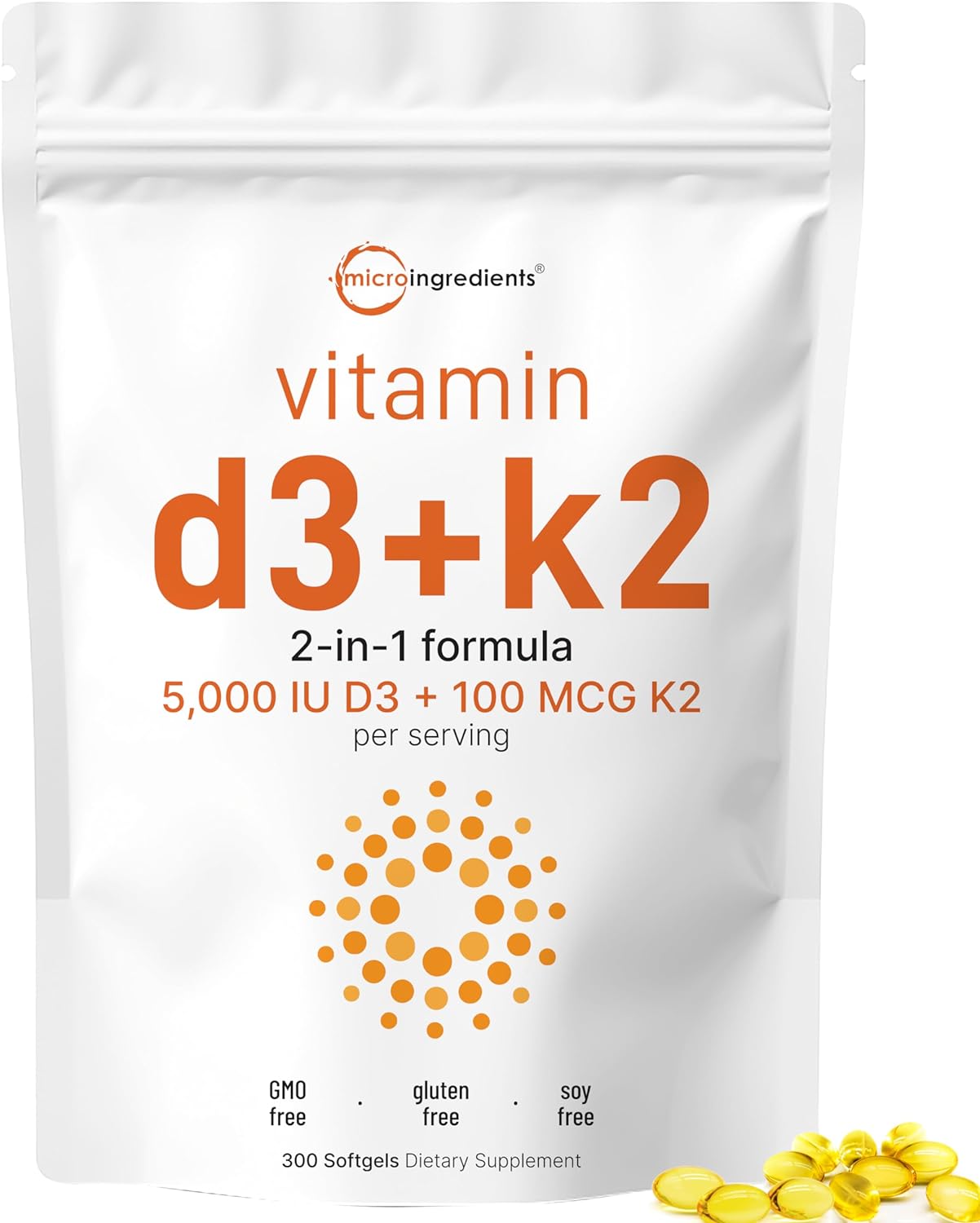 Micro Ingredients Vitamin D3 5000 Iu With K2 100 Mcg, 300 Soft-Gels |