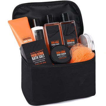 Gift Baskets for Men - Bath Spa Gift Set for Men, Body and Earth Citrus Scented Mens Bath Set with Body Lotion, Face Wash, Shower Gel, Bubble Bath, Loofa & More, Father's Day Gifts