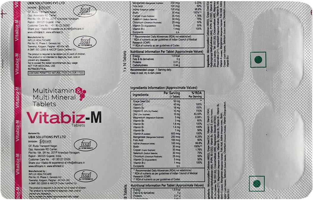 Ethiglo VITABIZ M Tablets (3 x 10 Tablets) : Multi-Vitamin and Multi-M