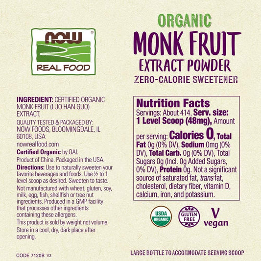 NOW Foods, Certified Organic Monk Fruit Extract Powder, Zero Calorie Sweetener, Large Bottle for Serving Scoop, Certifie