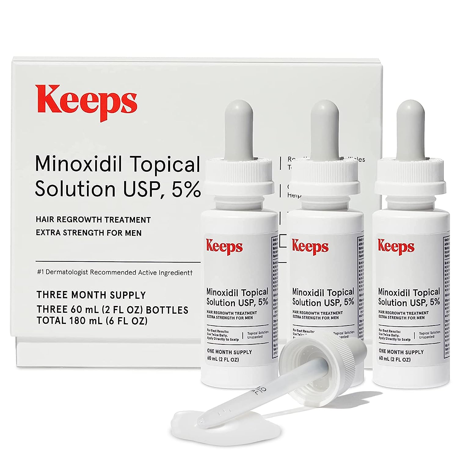 Keeps Extra Strength Minoxidil for Men Topical Hair Growth Serum, 5% Solution Hair Loss Treatment - 3 Month Supply (3 x 2 Bottles with Dropper) - Slows Hair Loss & Promotes Thicker Hair Regrowth