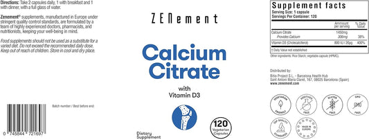 Zenement | Calcium Citrate, with Vitamin D3, 120 Capsules | for Bone H