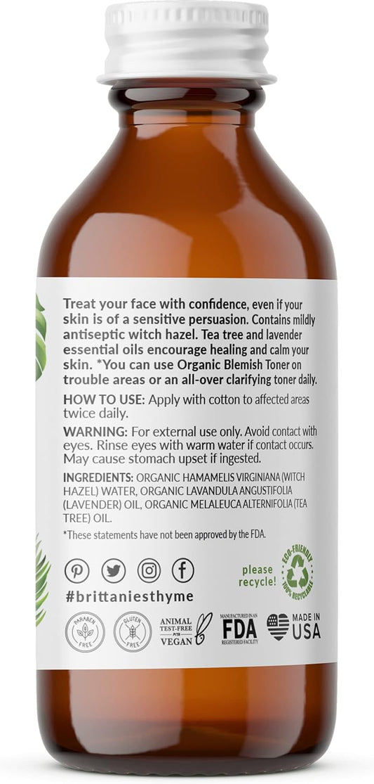 Brittanie's Thyme Organic Blemish Facial Toner - 2 - Gentle & Nourishes | Balancing & Calms Skin for All Types | Soothes Acne, Cleanses Pores, Calms & Refreshes Skin While Hydrating