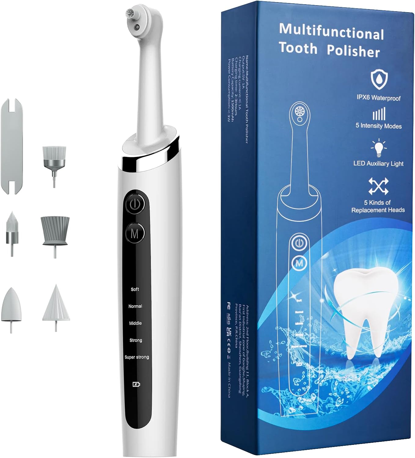 Jeyoe Dentist Tooth Polisher,Electric Tooth Polisher Professional with 5 Replacement Heads & Cleaning Modes, USB Rechargeable, Ipx6 Waterproof, Dental Polisher for Adults & Kids White