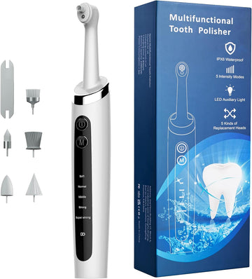 Jeyoe Dentist Tooth Polisher,Electric Tooth Polisher Professional with 5 Replacement Heads & Cleaning Modes, USB Rechargeable, Ipx6 Waterproof, Dental Polisher for Adults & Kids White