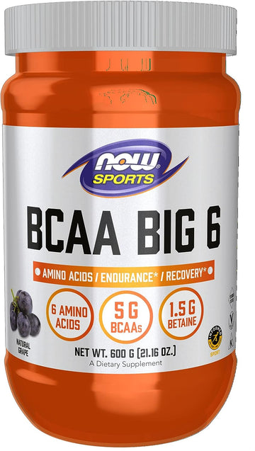 NOW Sports Nutrition, BCAA (Branched Chain Amino Acids) Big 6, Grape avor, 600 Grams