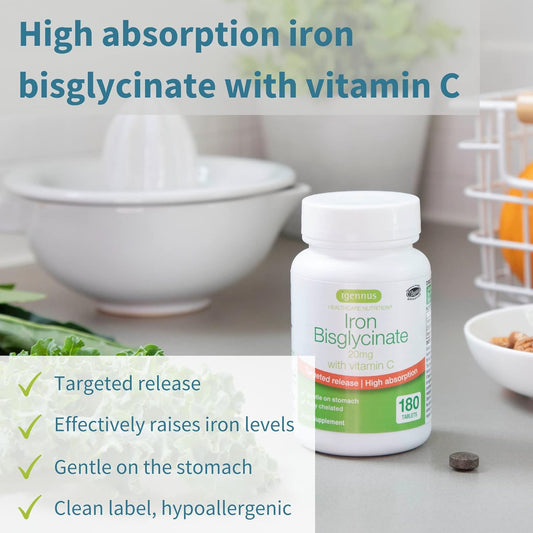 High Absorption Chelated Iron Bisglycinate 20mg with Vitamin C, Gentle