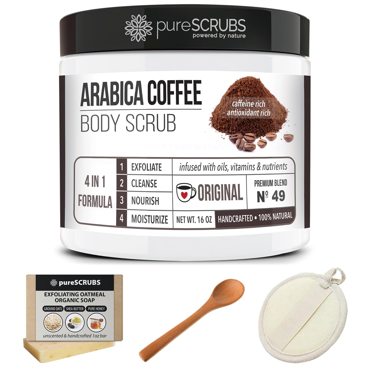 pureSCRUBS Premium Organic Arabica Coffee Body Scrub Set - ORIGINAL BLEND Large 16 Anti Cellulite Scrub With Essential Oils & Nutrients + FREE Wooden Spoon, Loofah & Mini Organic Exfoliating Bar Soap