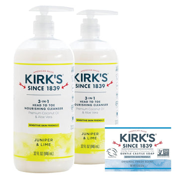Kirk's 3-in-1 Castile Liquid Soap Travel Size Bar Soap (1.13 .) | Head-to-Toe Clean Shampoo, Face Soap & Body Wash for Men, Women & Children | Juniper & Lime Scent | 32  . - 2 Pack